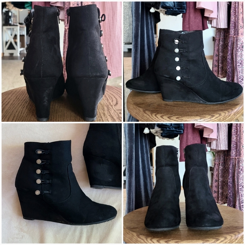 Black Faux Suede Wedge Zip-Up Booties | Size 8.5
